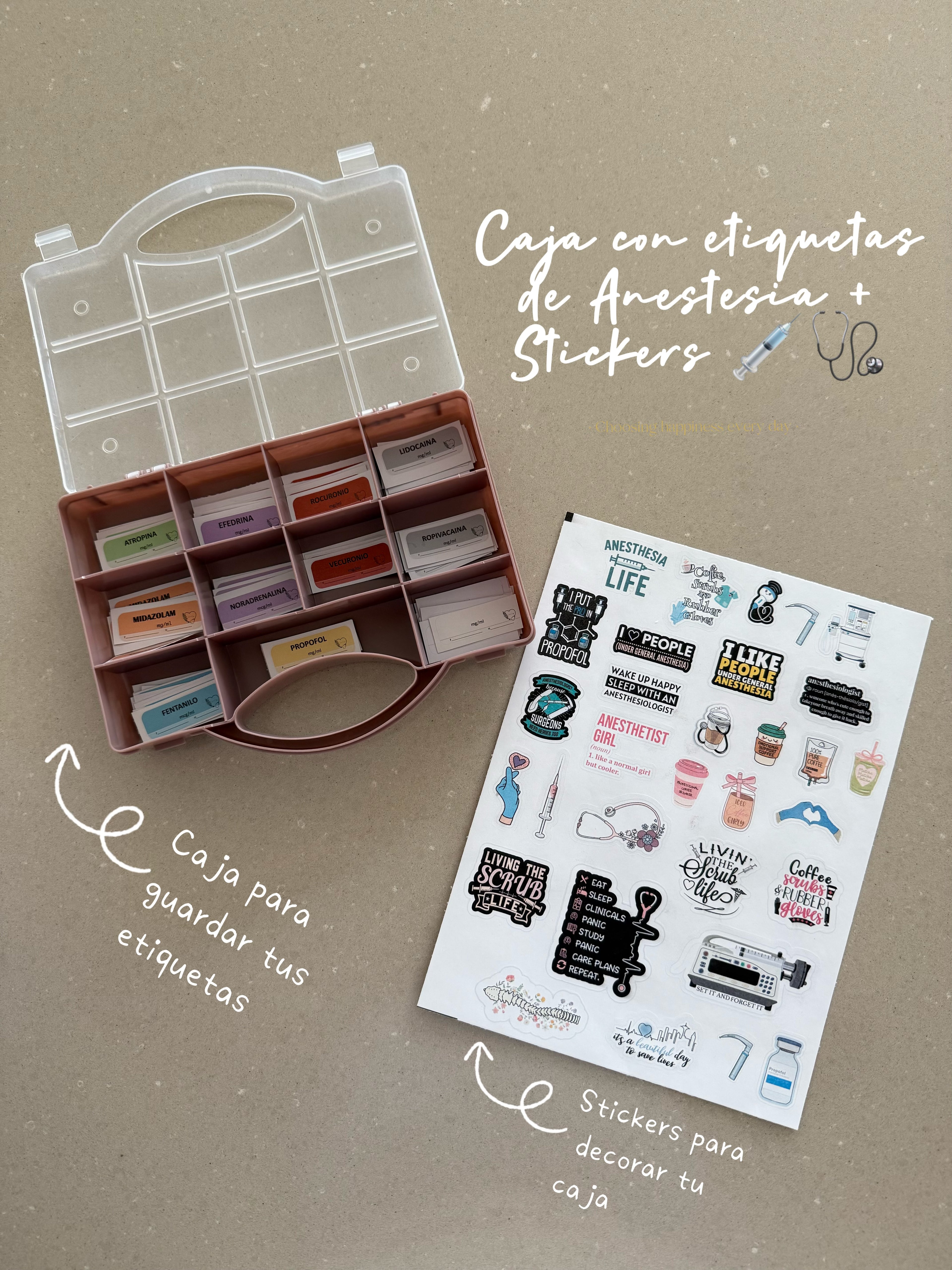 Caja con etiquetas  para rotular jeringas + Plantilla de stickers anestesio 💉