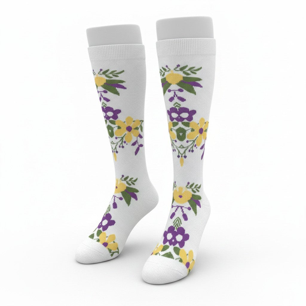 Medias de compresión - blancas con flores amarillas y moradas
